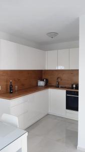 una cocina blanca con armarios blancos y fregadero en Holiday Home Pineta, en Vinkuran