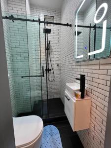 a bathroom with a shower and a toilet and a sink at Bricks Residence in Lekki