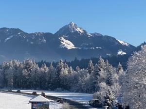 a snow covered mountain range with trees and a house at Ferienwohnung Schmetterer in Schliersee