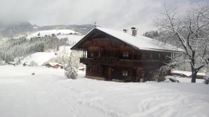 ein Blockhaus im Schnee mit Schnee in der Unterkunft Pension Schwaighof in Oberau