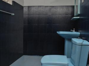 a bathroom with a blue toilet and a sink at Fern Dale in Weligama +23 photos