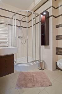 een badkamer met een douche, een wastafel en een toilet bij Willa Kominiarski Wierch in Zakopane