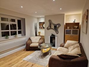 een woonkamer met een bank en stoelen en een open haard bij LUXE HILL GETAWAY in Londen