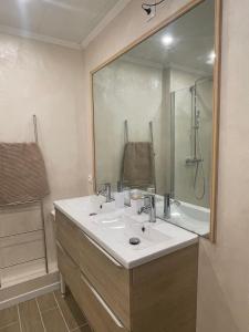 een badkamer met een wastafel, een douche en een spiegel bij Plus haut jacuzzi d’Europe, 40e étage in Puteaux