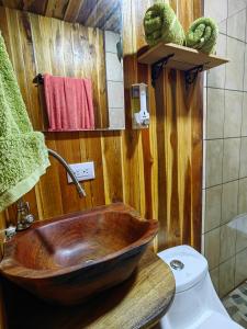 a bathroom with a wooden sink and a toilet at Onca Tours & Treehouses in San Rafael