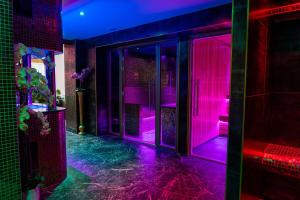 樸次茅斯的住宿－Ashbys Accommodation & Spa hire，一间铺有粉红色和紫色灯光的客房