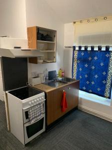 a small kitchen with a stove and a sink at Africana restaurant and bar in Burslem