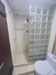 a bathroom with a toilet and a shower with glass shelves at Hotel Boutique The Royalty in Guayaquil