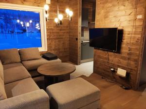 a living room with a couch and a flat screen tv at Holiday home IDRE in Idre