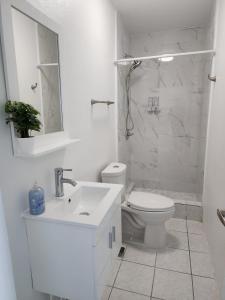 La salle de bains blanche est pourvue de toilettes et d'un lavabo. dans l'établissement San Juan Apartments, à San Juan