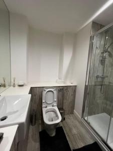 a bathroom with a toilet and a sink and a shower at Stylish 2 bedroom apartment Manchester City centre in Manchester