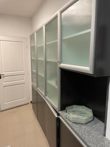 uma cozinha com armários de vidro e um frigorífico em Corrientes Pora em Corrientes
