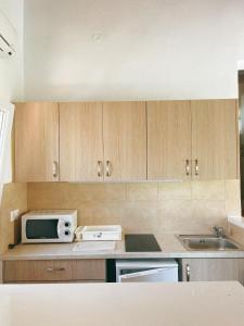 a kitchen with a microwave and a sink at Villa Elpiniki in Troulos