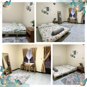 4 fotos de un dormitorio con 2 camas y espejo en Viet Hoang's House, en Da Lat