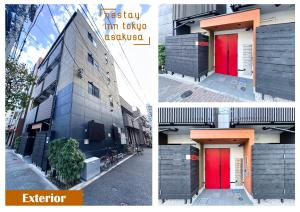 twee foto's van een gebouw met een rode deur bij nestay inn tokyo asakusa in Tokyo