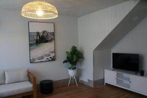 a living room with a couch and a television at Waves Motel and Apartments in Warrnambool