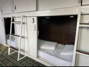 a room with a bunk bed and a ladder at Capsule hotel TechnoCave in Bishkek