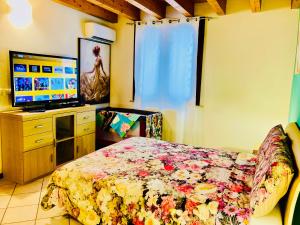 Schlafzimmer mit einem Bett und einem Flachbild-TV in der Unterkunft Central Apartment Private Parking Terrace & AC in Desenzano del Garda
