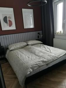 una camera con un letto con due cuscini sopra di Apartament COSY CAVE a Uniejow