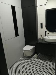 a black and white bathroom with a toilet and a sink at Apartament COSY CAVE in Uniejow