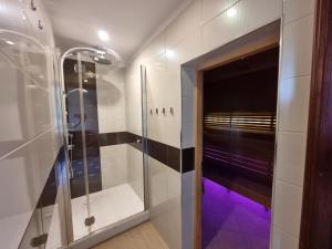 a bathroom with a shower and a glass door at Saules Street Home in Kuldīga +8 photos
