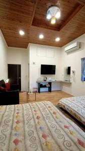 a large bedroom with a large bed and a tv at Xitou Tianpin Homestay in Lugu