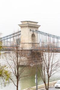 a bridge over a river with a train on it at Danube Waterfront View at Chain Bridge in Budapest