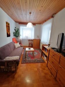 een woonkamer met een bank en een tv bij Apartma Tilika in Kranjska Gora
