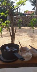 a table with a plant in a pot and bowls at Moon homestay Phu Yen in Phú Lac