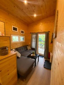 a living room with a couch in a cabin at Tiny House Wupper im PIER9 Tiny House Hotel in Hamm