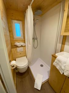 a small bathroom with a toilet and a shower at Tiny House Wupper im PIER9 Tiny House Hotel in Hamm