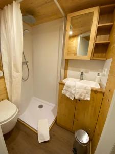 een kleine badkamer met een toilet en een wastafel bij Tiny House Wupper im PIER9 Tiny House Hotel in Hamm