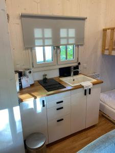 uma pequena cozinha com um lavatório e um fogão em Tiny House Lippe im PIER9 Tiny House Hotel em Hamm