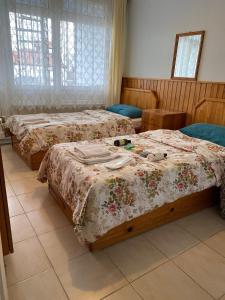 a bedroom with two beds and a mirror at CAN APART KAPLICA OTEL in Termal