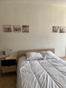 een bed in een slaapkamer met drie foto's aan de muur bij Le Studio: Agréable logement in Riorges