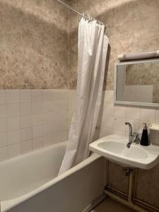 a bathroom with a sink and a bath tub with a shower curtain at Le Studio: Agréable logement in Riorges