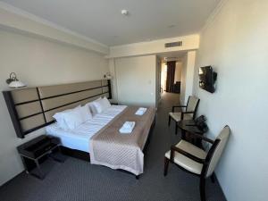 a hotel room with a bed and a table and chairs at Hotel Genio in Tbilisi City
