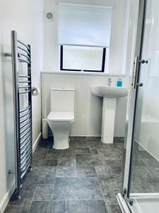 a bathroom with a toilet and a sink at Modern 2 Bedroom Apartment With Free Parking in Glasgow