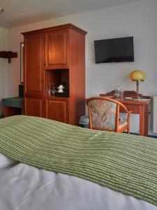 的住宿－Showhotel Seerose，一间卧室配有一张床、一张书桌和一台电视。