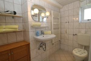 a bathroom with a sink and a toilet and a mirror at Appartement Rehder in Hörnum