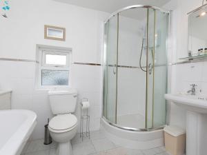 a bathroom with a shower and a toilet and a sink at Pass the Keys Comfortable Stone Built Cottage in Menai Bridge in Menai Bridge +28 photos