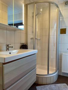 uma casa de banho com um chuveiro e um lavatório. em Appartements Kröll em Saalbach-Hinterglemm