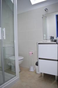 y baño con aseo, lavabo y ducha. en Les volets bleus - duplex proche plage et centre en Arromanches-les-Bains