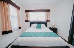 1 dormitorio con 1 cama grande y 2 ventanas en Frenold Inn, en Potrerillos