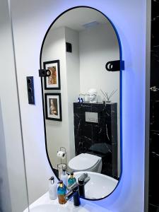espejo de baño con lavabo y aseo en AD Boutique Apartment, en Budapest