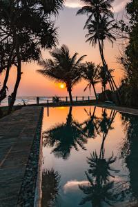a sunset at the beach with palm trees and a swimming pool at Saltasia Boutique Beach Villa in Mirissa