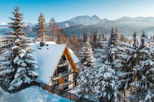 eine Hütte in den Bergen mit schneebedeckten Bäumen in der Unterkunft Tatry Residence SPA in Kościelisko