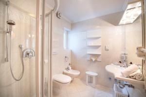 uma casa de banho com um chuveiro, um WC e um lavatório. em Garni Bondi em Selva di Val Gardena