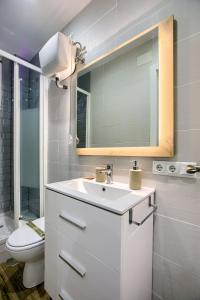 a bathroom with a sink and a toilet and a mirror at Charming Retiro II in Madrid