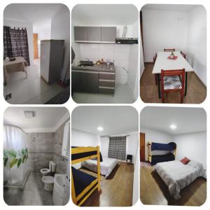 4 fotos de una cocina y una sala de estar en Departamentos Patico en Santa Rosa de Calamuchita